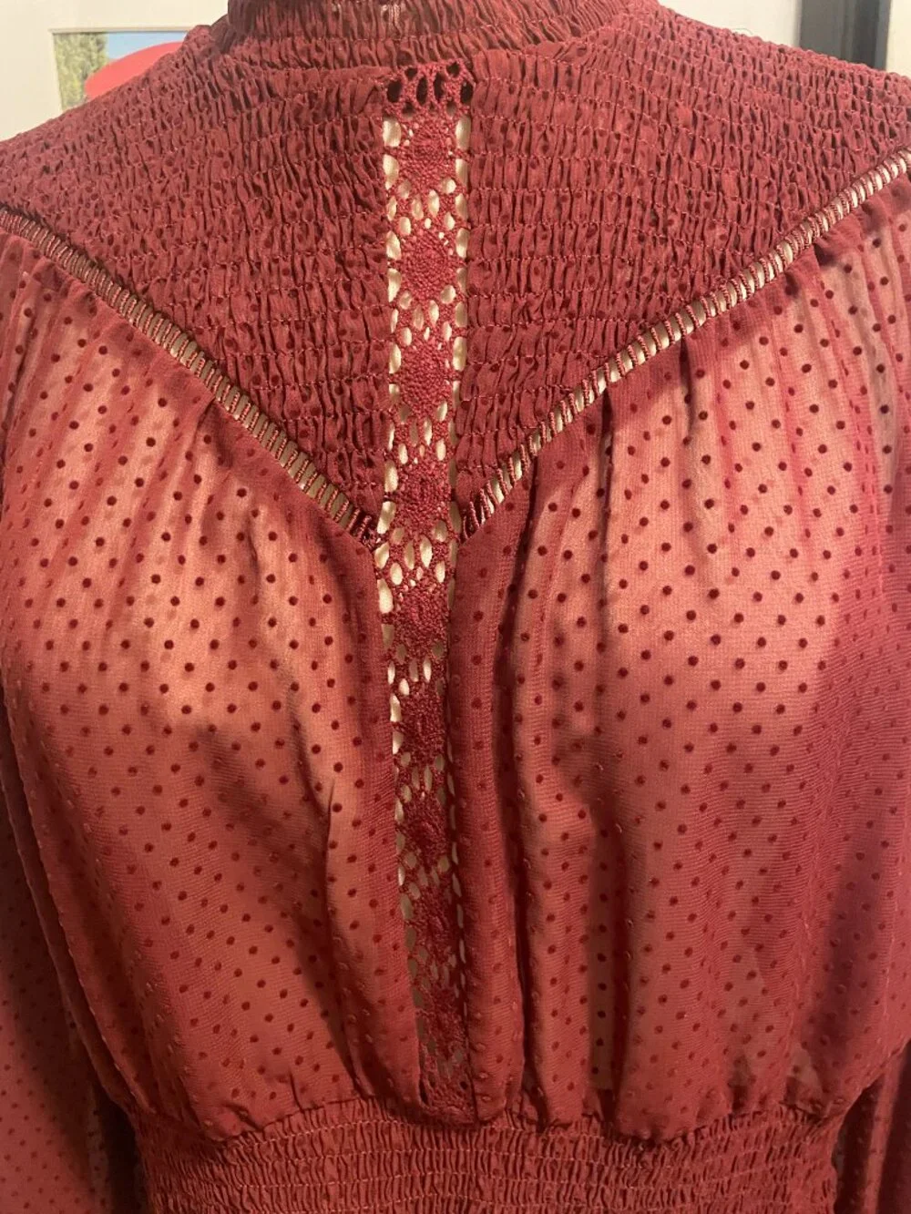 Zara smocked + Crocheted sheer high neck sheer blouse size XL